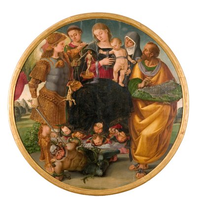 Madonna e criança entre santos Tondo Signorelli, 1510-1515. de Luca Signorelli