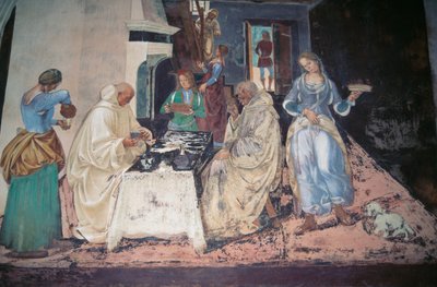 São Bento repreendendo dois monges que violaram a Regra, cena das Histórias de São Bento do Monte Oliveto Maggiore de Luca Signorelli