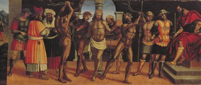 A flagelação, detalhe do painel predella do retábulo da Trindade com Madonna e Criança e SS. Painel Agostinho e Anastácio de Luca Signorelli