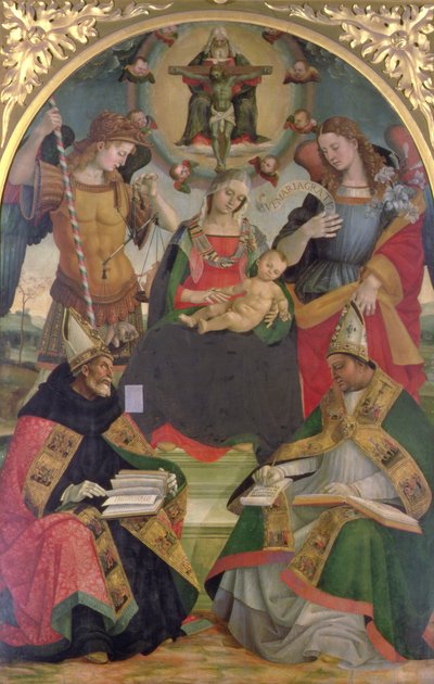 A Trindade, Madonna e Criança, Anjos e Santos, c.1505-08 (óleo sobre painel) de Luca Signorelli
