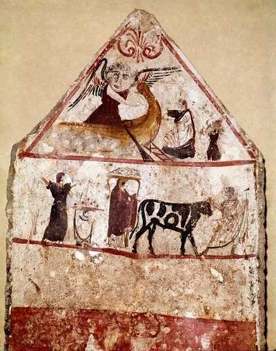 Um touro conduz sobre o altar do sacrifício afresco Lucaniano do século IV a.C., da necrópole de Andriuolo em Paestum, Itália. Museo nazionale archeologico, Paestum de Lucanian School