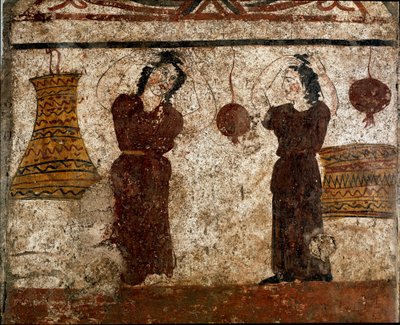 Um grupo de bailarinos durante um afresco de rito funerário Lucaniano do século IV a.C., da necrópole de Paestum, Itália. Museo nazionale archeologico, Paestum de Lucanian School
