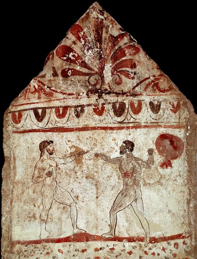 Dois atletas jogando pugilat (boxe) Lucanian fresco do século IV a.C., da necrópole de Paestum, Itália. Museo nazionale archeologico, Paestum de Lucanian School