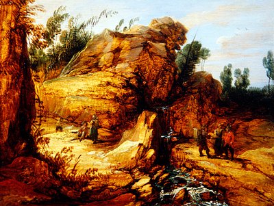 Camponeses Descansando por uma Corrente de Montanha (óleo sobre painel) de Lucas Achtschellinck