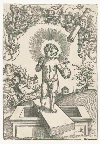 Menino Jesus como Redentor cercado por anjos com ferramentas da paixão de Lucas Cranach
