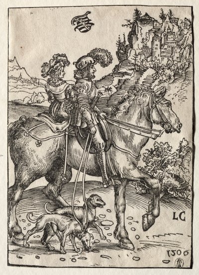 Um cavalheiro e uma senhora cavalgando para a perseguição de Lucas Cranach