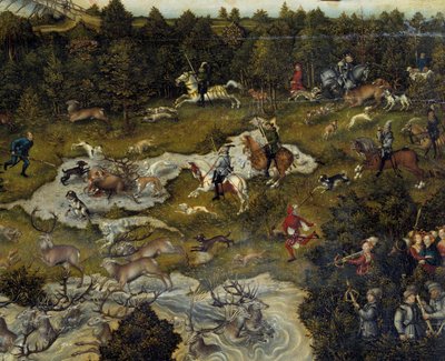 Caça em homenagem a Carlos V no Castelo de Torgau, na Alemanha Caça ao veado. Detalhe. Pintura de Lucas Cranach, o Velho de Lucas Cranach