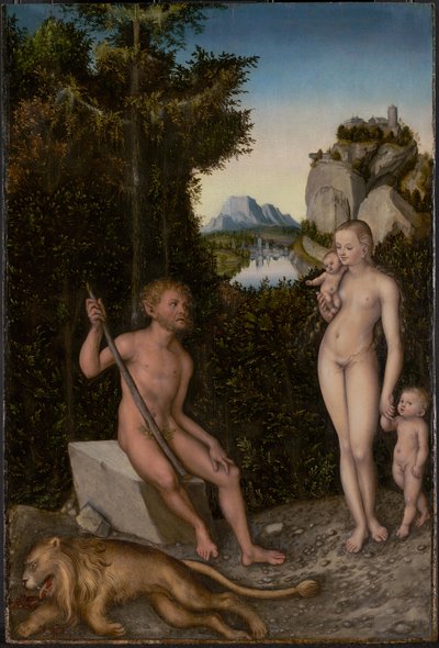 Um fauno e a sua família com um leão morto de Lucas Cranach the Elder