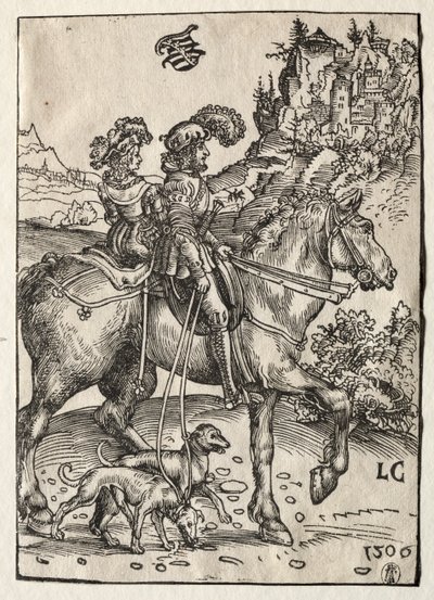 Um cavalheiro e uma senhora cavalgando até a perseguição, 1506. de Lucas Cranach the Elder