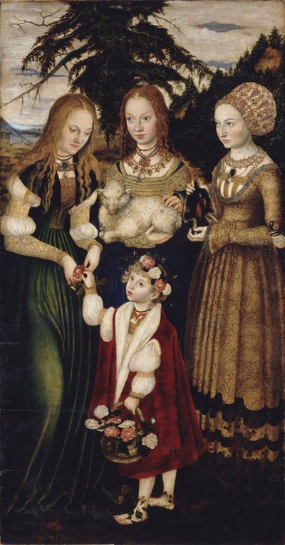 Retábulo com o Martírio de Santa Catarina, ala esquerda: Os Santos Dorothea, Agnes e Cunigund de Lucas Cranach the Elder