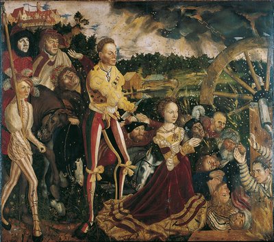 Alemão: Katharinenaltar (Mitteltafel) Retábulo com o martírio de Santa Catarina de Lucas Cranach the Elder