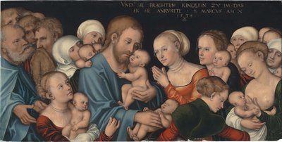 Alemão: Lasset die Kindlein zu mir kommen (Christus segnet die Kinder) Deixai vir a mim as criancinhas (Cristo abençoa as crianças) de Lucas Cranach the Elder