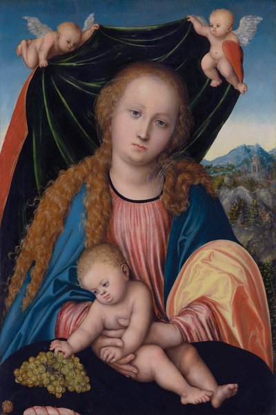 Alemão: Madonna com criança e uvas, dois anjos segurando uma cortina Virgem e Criança de Lucas Cranach the Elder