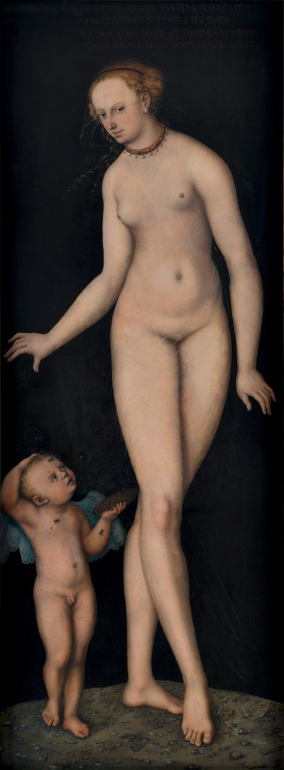 Alemão: Venus mit Amor als Honigdieb vor schwarzem Grund Vénus com Cupido como ladrão de mel sobre um fundo negro de Lucas Cranach the Elder