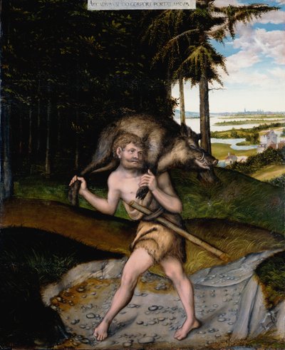 Héracles e o javali ermanthiano dos trabalhos de Hércules de Lucas Cranach the Elder
