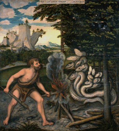 Hércules e a hidra de Lernaean dos trabalhos de Hércules de Lucas Cranach the Elder