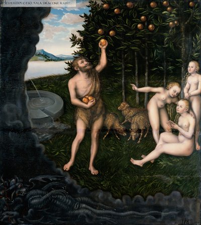 Hércules rouba as maçãs dos Hesperides dos trabalhos de Hércules de Lucas Cranach the Elder