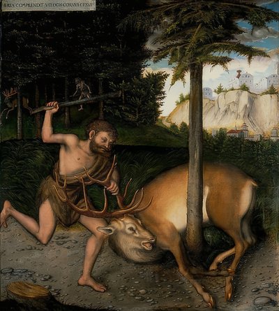Hércules e a corniita kernita. Da série de Atos de Hércules. Depois de 1537 de Lucas Cranach the Elder