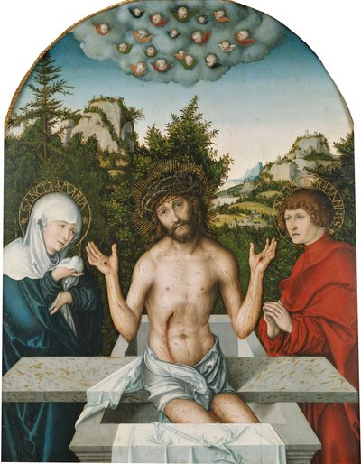 Retábulo de Pfirtscher: Cristo como Homem das Dores, sentado num sarcófago entre a Virgem e São João [painel central] de Lucas Cranach the Elder
