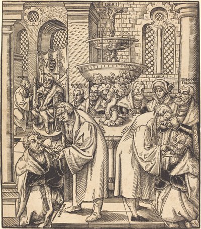 Os reformadores Lutero e Hus dando comunhão aos príncipes da Casa da Saxônia de Lucas Cranach the Elder