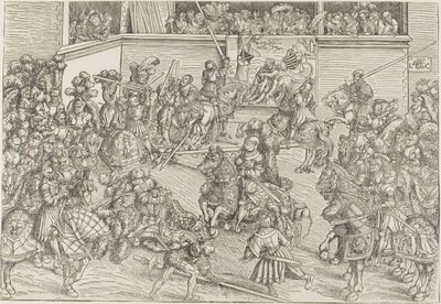 O segundo torneio com uma tapeçaria que representa Sansão e o Leão de Lucas Cranach the Elder