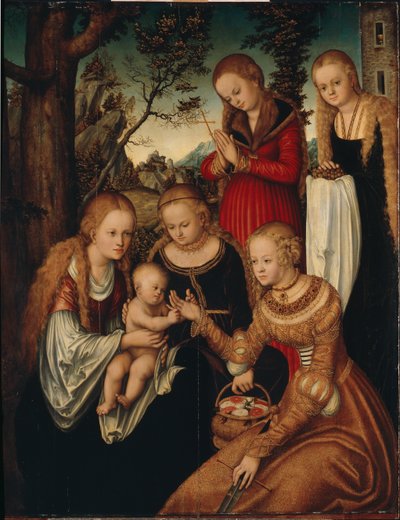 A Virgem e o Menino com os Santos Catarina, Dorothy, Margaret e Barbara, o chamado Casamento de São de Lucas Cranach the Elder