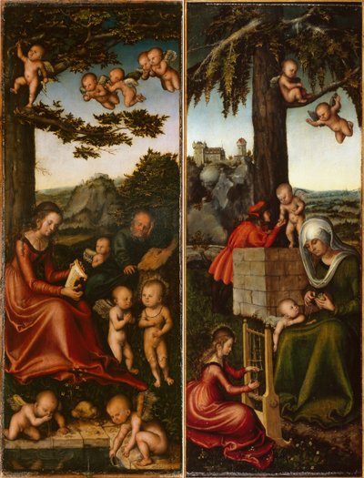 Alemão: Heilige Familie von Engel umgeben amp; Erziehung der Jungfrau Maria (linker und rechter Flügel eines Marienaltares) A Sagrada Família rodeada de Anjos amp; Educação da Virgem Maria [asa esquerda e direita de um Altar de Senhora] de Lucas Cranach the Elder and workshop