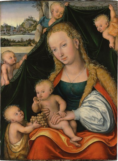 Alemão: Madonna und Kind mit dem Johannesknaben und Engeln A Virgem e o Menino com o Menino São João Batista e os Anjos de Lucas Cranach the Younger