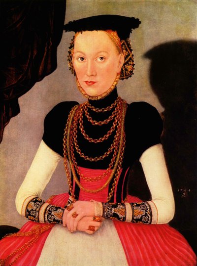 Alemão: Weibliches Bildnis / Bildnis einer Frau (eine geborene Hoffmann aus Leipzig) Retrato feminino / Portrait of a Woman (a Hoffmann by birth from Leipzig) de Lucas Cranach the Younger
