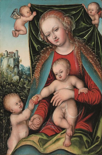 A Virgem Santa e o Menino com o Menino São João Baptista e os Anjos, uma paisagem florestal com uma fortaleza no topo de um penhasco além, c.1512 (óleo sobre painel) de Lucas The Elder (studio of) Cranach