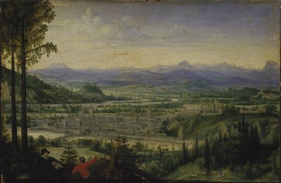 Vista de Linz com desenho de artista em primeiro plano, 1593. de Lucas Valckenborch van