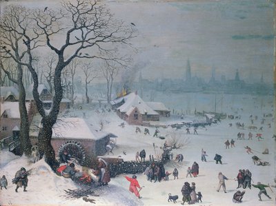 Paisagem de inverno com queda de neve perto de Antuérpia de Lucas Valckenborch van