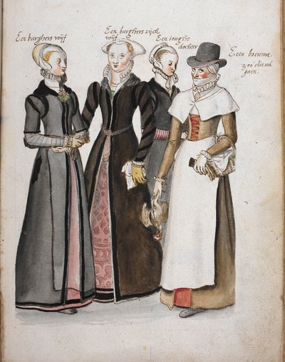 Quatro mulheres inglesas em trajes da era elisabetana: uma esposa de um cidadão de Londres, uma esposa de um cidadão rico de Londres, uma filha da esposa cidadã de Londres e uma camponesa, 