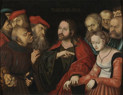 Cristo e a Mulher Tomada em Adultério, c.1700 (óleo sobre madeira) de Lucas the Elder (after) Cranach