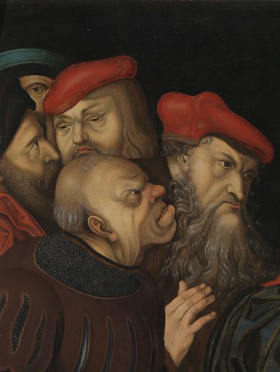 Cristo e a Mulher Tirada em Adultério,detalhe, c.1700 (óleo sobre madeira) de Lucas the Elder (after) Cranach