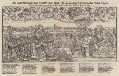 Frederico III, Eleitor da Saxônia e Martinho Lutero testemunhando o batismo de Cristo (gravura;) de Lucas the Elder (after) Cranach