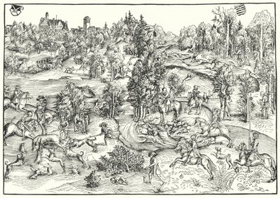 Caça ao veado num parque de veados ou paisagem (gravura) de Lucas the Elder (after) Cranach