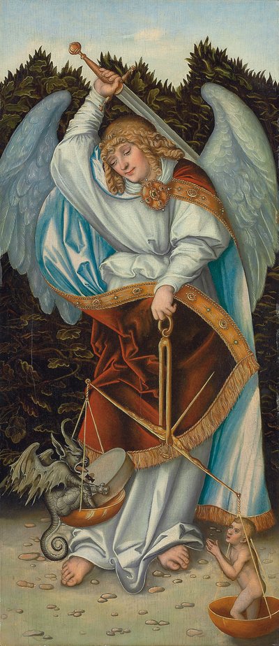 O Arcanjo Miguel segurando a Balança da Justiça (óleo no painel) de Lucas the Elder (workshop of) Cranach