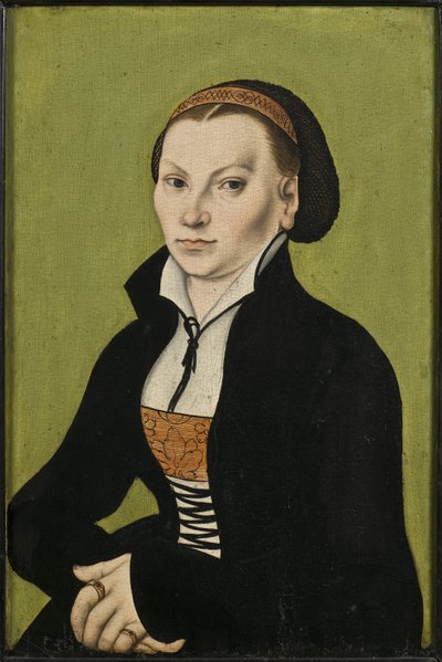 Catherine de Bore, epouse de Martin Luther - Retrato de Katharina Luther, nee Katharina von Bora (1499-1552), de Cranach, Lucas, o Ancião (1472-1553). Óleo sobre madeira de Lucas the Elder Cranach