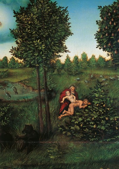 Detalhe do Paraíso, c.1530 (óleo sobre painel) de Lucas the Elder Cranach