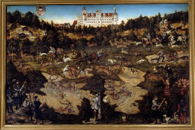 Caça em honra de Carlos V no Castelo de Torgau (Alemanha). Pintura de Lucas Cranach, o Ancião (1472-1553) de Lucas the Elder Cranach