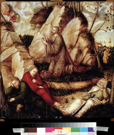 ""Oração no Horto das Oliveiras"" (Agonia no Horto) Após a última ceia, Cristo vai para a colina do Getsêmani que domina Jerusalém com os apóstolos. Os soldados romanos ajudantes de Judas se aproximam para prendê-lo. Pintura em madeira por L de Lucas the Elder Cranach