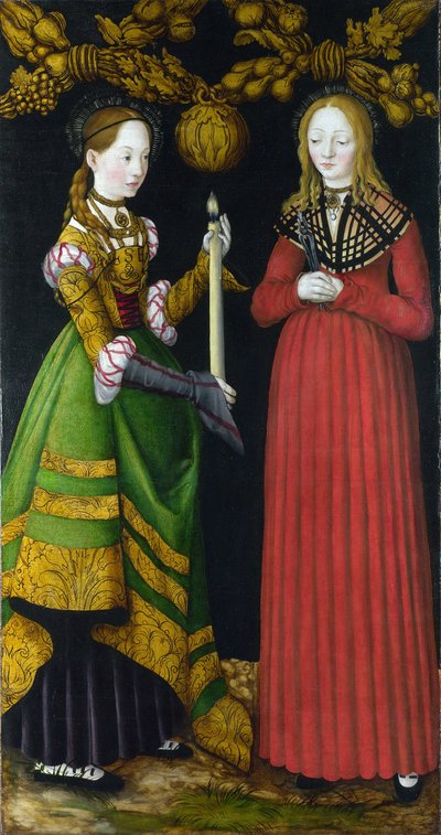 Sainte Genevieve e Sainte Apolline (ou Apollonie) (Saints Genevieve e Apollonia). Santa Genevieve (423-502 ou 512), santa padroeira da cidade de Paris. Santo Apolline (ou Apolónia) de Alexandria (morreu 249), mártir e santo padroeiro dos dentistas. Pintura de Lucas the Elder Cranach