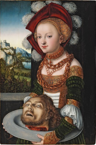 Salomé avec la tete de Saint Jean Baptiste - Salomé com a Cabeça de São João Baptista, de Cranach, Lucas, o Ancião (1472-1553). Óleo sobre madeira, c. 1527-1530. Dimensão : 88,4x58,3 cm. Szepmuveszeti Muzeum, Budapeste de Lucas the Elder Cranach