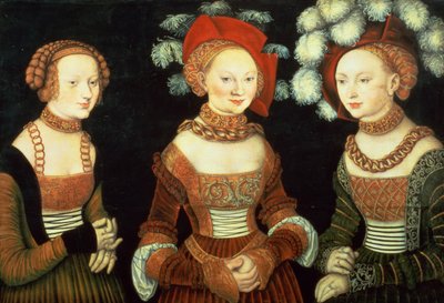Três princesas da Saxônia, Sibylla (1515-92), Emilia (1516-91) e Sidonia (1518-75), filhas do duque Heinrich de Frommen, c.1535 (painel) de Lucas the Elder Cranach