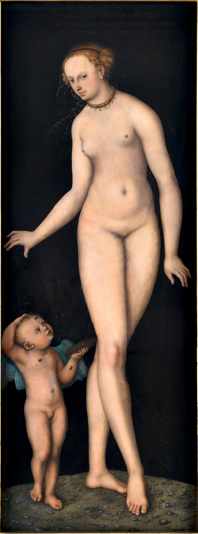 Vênus com Cupido o Ladrão de Mel, de Cranach, Lucas, o Ancião (1472-1553). Óleo sobre madeira, depois de 1537. Dimensão: 175,4x66,3 cm. Germanisches Nationalmuseum, Nuremberga de Lucas the Elder Cranach
