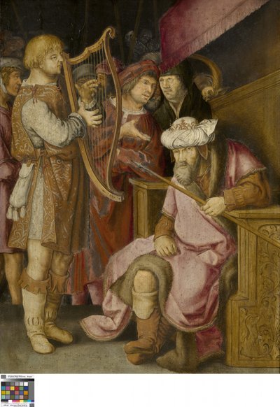 David a tocar a sua harpa para Saul (óleo no painel) de Lucas van (after) Leyden