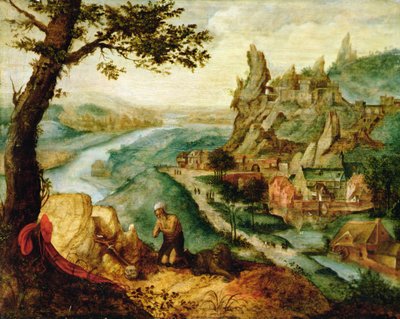São Jerónimo numa Paisagem (óleo sobre madeira) de Lucas van (c.1490 c.1570) Gassel