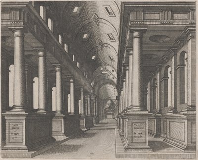 Vista interior de uma igreja com abóbada de barril de Lucas van Doetechum and Johannes