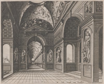 Interior de um salão abobadado decorado com grotescos de Lucas van Doetechum and Johannes